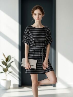 Max Studio Striped Black and White Draw String Dress - XS
